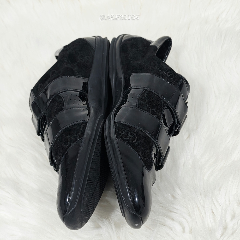 Gucci women black patent leather velcro sneakers size 39 monogram suede - Picture 5 of 14